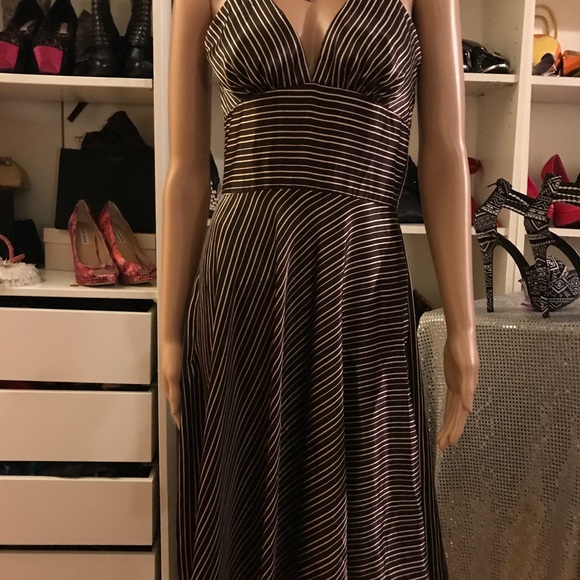 Alyn Paige Brown w/Cream striped satin dress - Picture 2 of 8